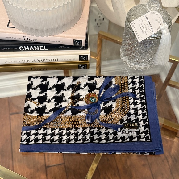 Celine Blue and Gold Houndstooth Scarf 19” - Picture 1 of 4
